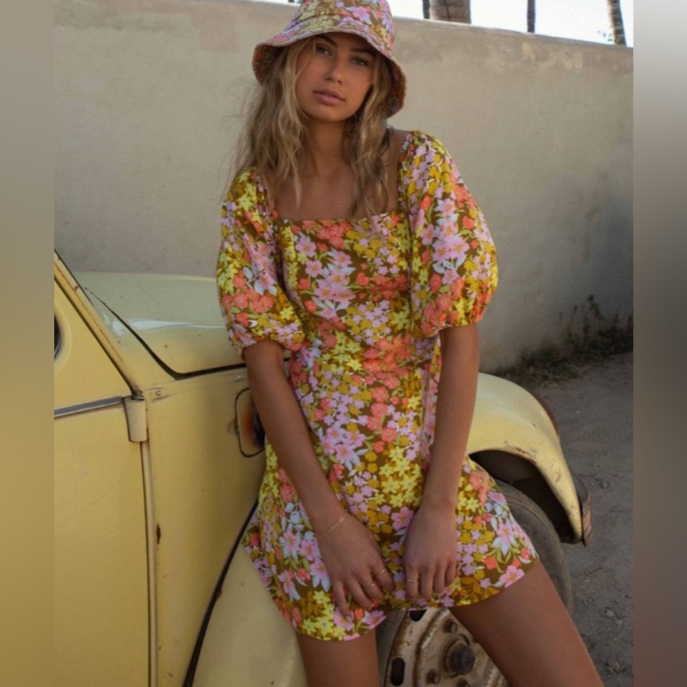 Billabong Floral Puff-Sleeve Mini Dress in Yellow, Pink & Green
